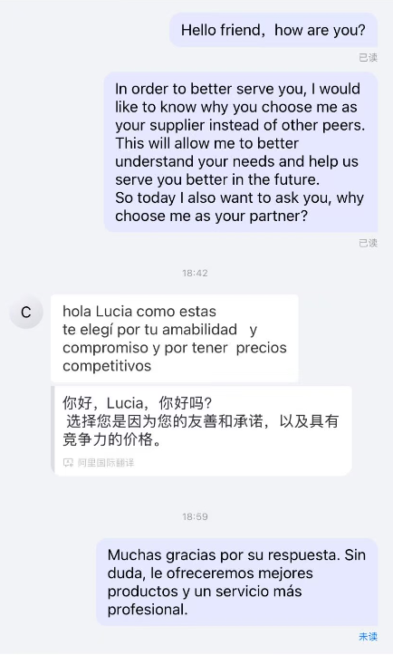 Spanish supplier chat screenshot with Chinese translation overlay and customer praise message