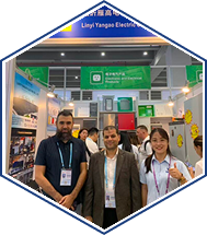 Linyi Tanggai Electric team posing at electrical components trade show booth