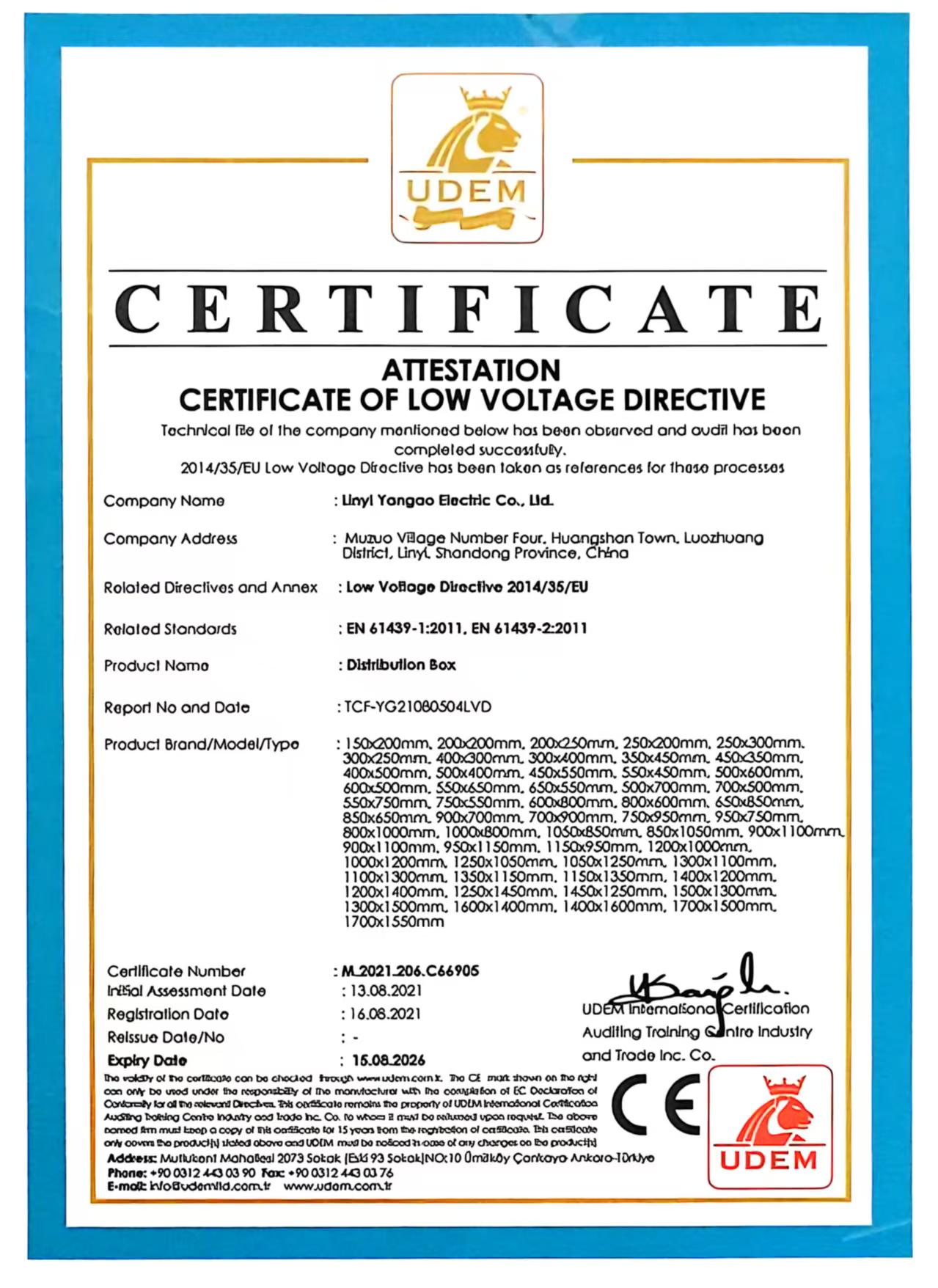 UDEM CE certificate for low voltage directive compliance, blue-bordered official document