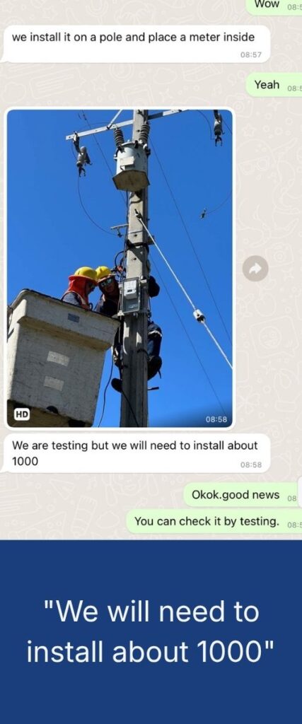 Text message chat about utility pole meter socket installation, with lineman photo and 1000 units estimate.