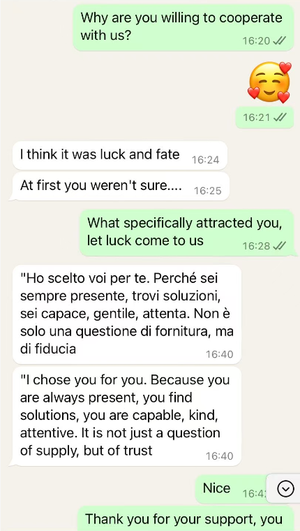 WhatsApp chat screenshot discussing cooperation, fate, and trust with Italian supportive message.
