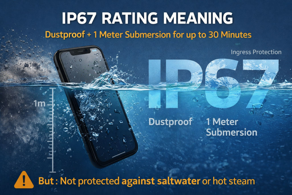 Voici une alt optimisée, claire et descriptive. Alt IP67 rating meaning infographic showing dust protection 6 and water protection 7 with 1 meter submersion for 30 minutes