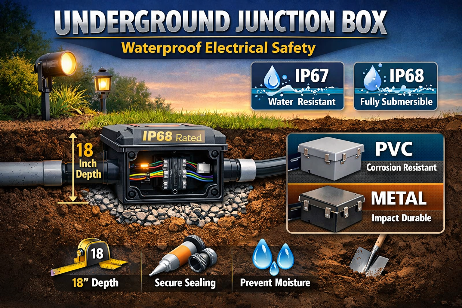 Underground junction box guide showing IP67 vs IP68 ratings, burial depth, and waterproof sealing for outdoor wiring